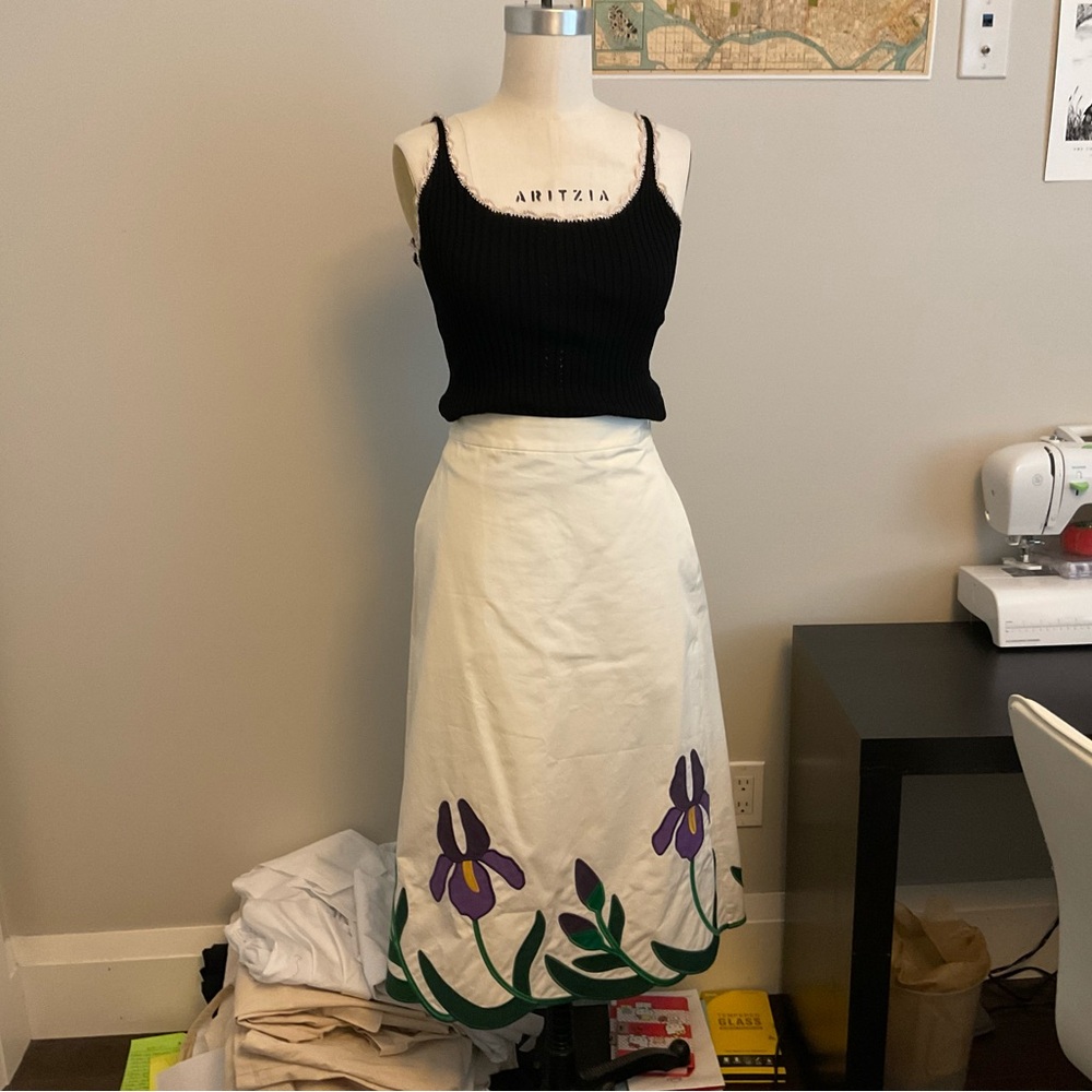 Tory Burch White Midi Skirt with Purple Floral Border